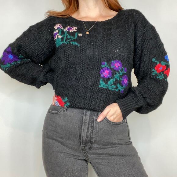 Vintage Kenneth Gordon Oversized Medium 100% Wool Floral Print Boatneck Sweater - Picture 4 of 8
